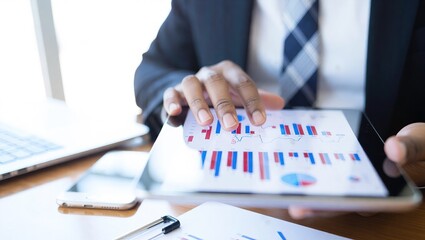 Business professional analyzing financial data on a tablet.