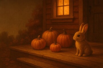 Cozy autumn evening illustration of a cute rabbit on wooden porch steps beside glowing pumpkins, warm window light casting soft, dreamy shadows.