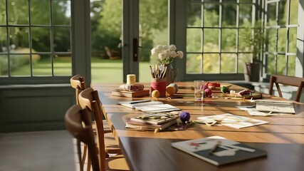 Craft supplies sit on a table near a sunny garden. Ideal for craft business promos, hobbies, crafting workshops, or creative workspace presentations. Showcase creativity, lifestyle.