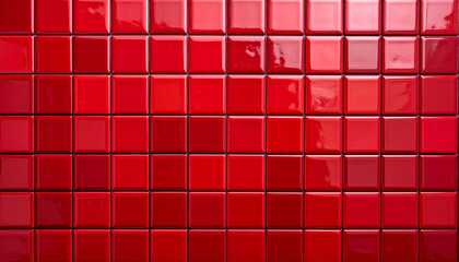 Red ceramic tile background, square mosaic pattern, glossy reflective finish, modern kitchen