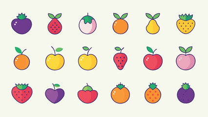 Collection of 20 diverse and charming flat vector illustrations of various fruits perfect for design projects