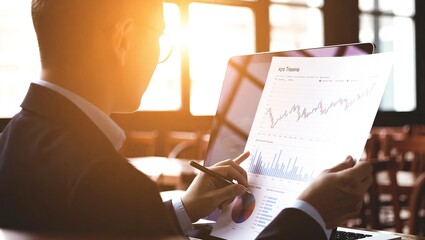 Business professional analyzing financial data with a pen and paper.