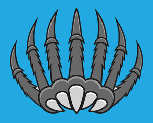 Obraz premium Cartoon illustration of a fierce monster claw with sharp talons, perfect for gaming or fantasy design elements on a bright blue background.