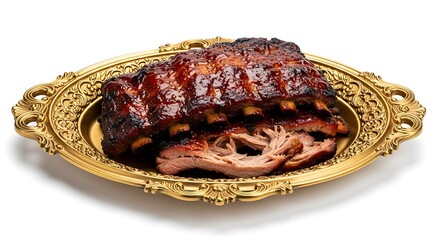 Delicious rack of ribs glazed and roasted served on a decorative ornate platter with a