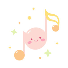 Cute pink music note character with smile surrounded by stars and circles on white background creating cheerful illustration