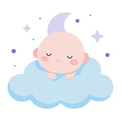 Adorable baby sleeping peacefully on a fluffy cloud illustration under moon and stars