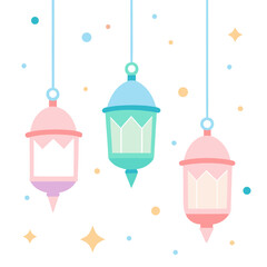 Three Decorative Ramadan Lanterns in Pastel Colors Hanging on Strings with Confetti and Stars