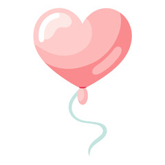 Pink heart shaped balloon floating on white background with light blue ribbon attached