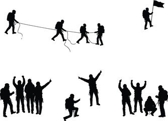 Silhouette mountain climbers, teamwork, summit celebration, rope climbing, flag holding, outdoor adventure, black vector figures, hiking group, perseverance, nature challenge, success