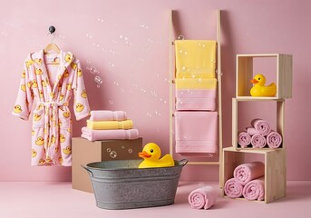 Cute bathroom setup with duck themed robe towels and rubber duckies