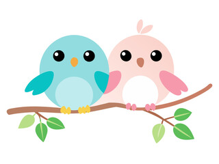 Two cute birds sitting on a branch with leaves vector illustration design