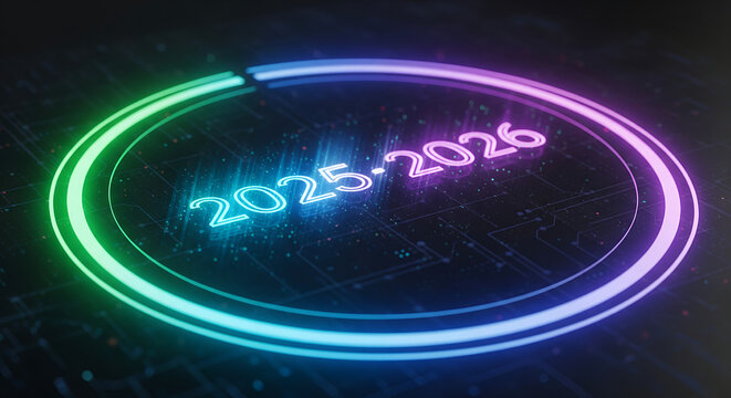 Digital Countdown 2025-2026 Futuristic Loading Circle with Neon Glow Representing Progress and Future Technology