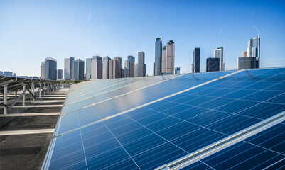 Urban Skyline with Solar Panels Harnessing Renewable Energy