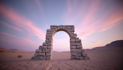 Photo of ancient stone archway stands in a vast desert landscape under a dramatic pink and purple sunset sky, evoking a sense of history and desolation