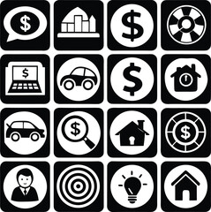 Finance and business icon set featuring dollars houses cars and goals for digital presentations and web design