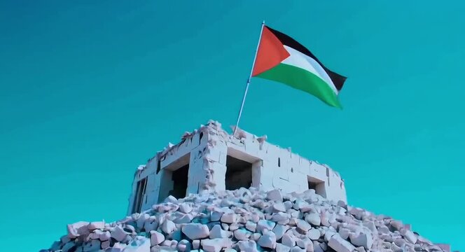 a Palestinian flag waving against a bright sky, atop the rubble of a damaged stone building in Gaza.