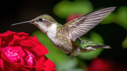 hummingbird. A hummingbird hovers near a red flower, its wings moving fast against a green background. wildlife magazines, conservation campaigns, designed for nature documentaries and education.