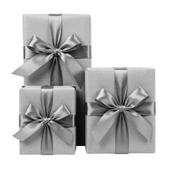 Three gift boxes wrapped with ribbons and bows for celebration holidays and special occasions isolated on transparent background