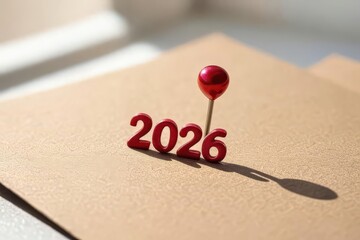 "Red 2026 numbers pinned on a corkboard with shadow, concept for new year, planning, and future goals"
