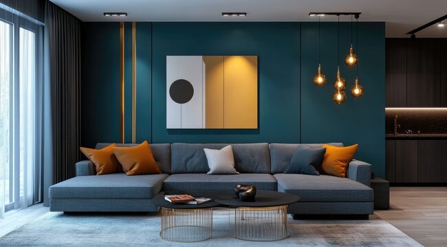 Teal living room with modern art and sectional sofa