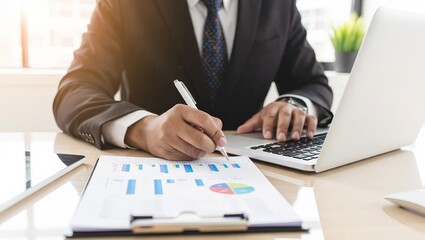 Businessman working at desk with laptop and financial reports.
