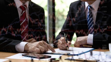 Businessmen collaborating on a document in an office setting, discussing important details and making decisions.