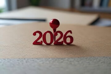 "Red 2026 numbers pinned on a corkboard with shadow, concept for new year, planning, and future goals"