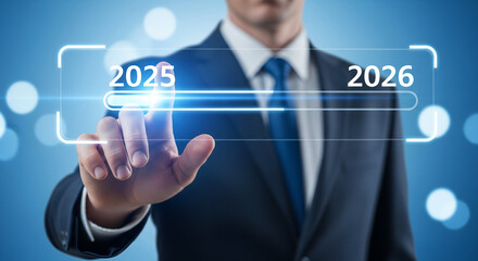 Businessman interacting with futuristic interface displaying years 2025 and 2026