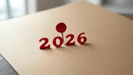 "Red 2026 numbers pinned on a corkboard with shadow, concept for new year, planning, and future goals"
