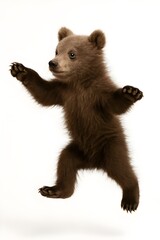 Obraz premium Brown bear cub mid-leap with outstretched paws, fluffy fur and bright eyes, isolated on clean white background, playful studio wildlife portrait.