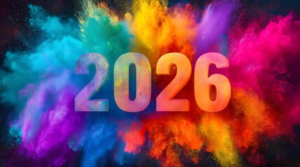 Happy New Year 2026 Typography with Vibrant Color Explosion