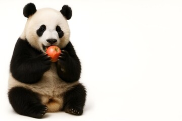 Giant panda sitting and nibbling a red apple, fluffy black-and-white bear isolated on clean white background, cute studio wildlife portrait.