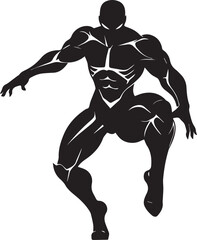 Dynamic silhouette of a muscular superhero in a crouching pose with glowing white accents on a white background