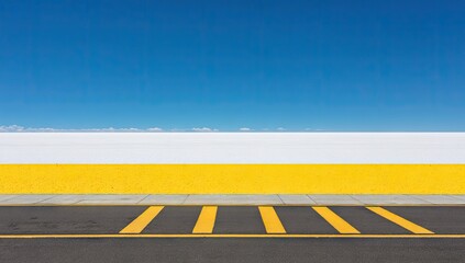 Empty roadway with a yellow and white painted wall.