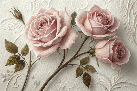 Rose branch with pink flowers on a white decorative background