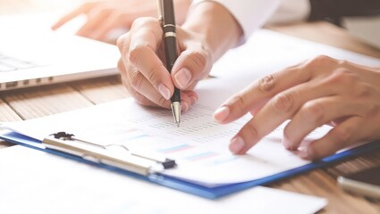 Close up of a person signing a contract document on a clipboard.