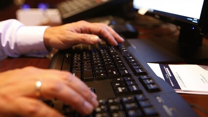 Close up of hands typing on a computer keyboard in an office setting.