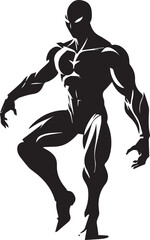 Powerful muscular silhouette of a superhero or bodybuilder in dynamic action pose against a white background