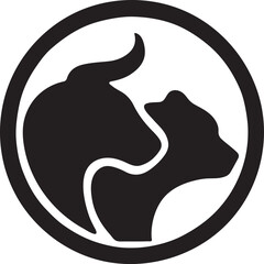 Circular coin silhouette with bull and bear merged symbol for stock market and finance