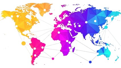 Colorful Polygonal World Map with Connected Dots Representing Global Network.