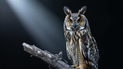 Long Eared Owl Spooky Wildlife Portrait with Black Background