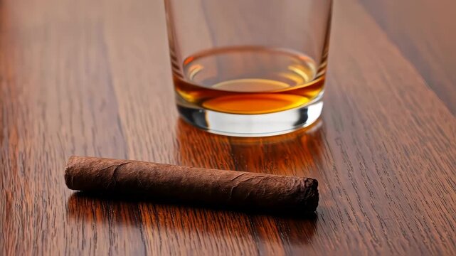 A glass of amber liquid sits beside a dark brown cigar on a wooden surface
