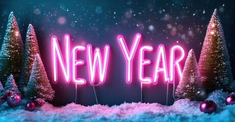 Bright neon New Year text over snowy landscape. Festive trees, pink ornaments create winter holiday scene. Dark background enhances glow.
