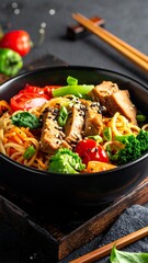 Bowl of Asian Noodles with Protein and Veggies