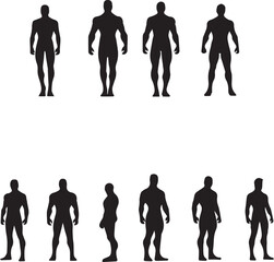 Collection of diverse male silhouettes in various athletic poses and body types against a stark white background representing strength and fitness