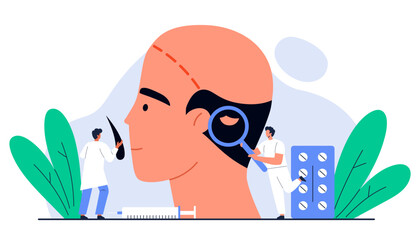 Hair transplant and alopecia treatment concept. Doctors examining male baldness, hair loss problem, medical therapy and cosmetic surgery. Dermatology, trichology. Isolated vector illustration
