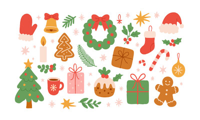 Holiday Icons Set Tree, Wreath, Gifts, and Ornaments Flat Vector Illustration, Set of Christmas hand-drawn elements. Cute holiday Xmas graphic icons. Wreath, Xmas tree, easily editable.