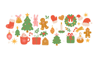 Holiday Icons Set Tree, Wreath, Gifts, and Ornaments Flat Vector Illustration, Set of Christmas hand-drawn elements. Cute holiday Xmas graphic icons. Wreath, Xmas tree, easily editable.
