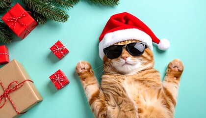 Orange tabby cat in Santa hat and sunglasses lying on turquoise background with pine branches and wrapped gifts.