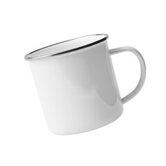 A white enamel mug with a silver rim and handle, tilted against a white background.